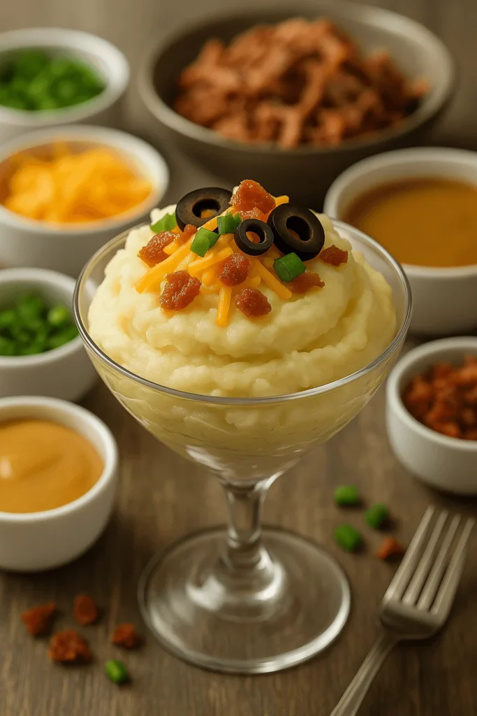 Mashed potato bar served in a glass dish, topped with cheddar, bacon bits, olives, and green onions, surrounded by toppings in small bowls.