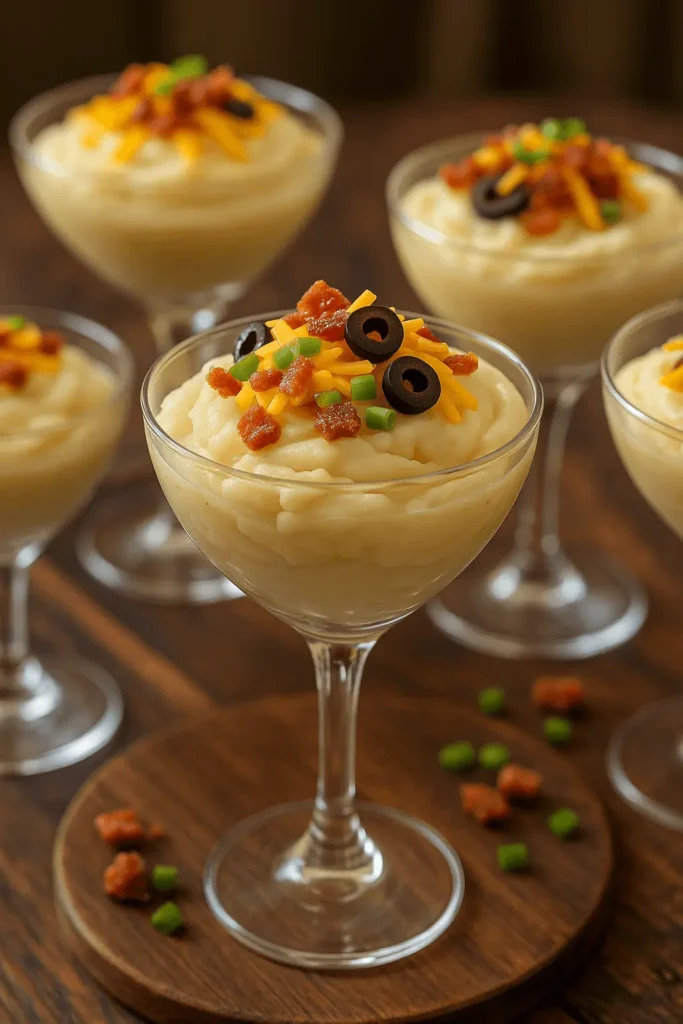 Mashed potato bar servings in glass cups topped with cheddar, black olives, scallions, and crispy bits.