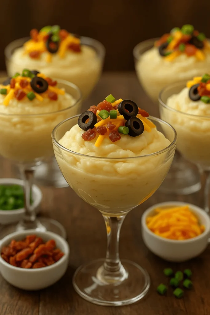 Mashed potato bar with individual servings in glass dishes, topped with black olives, bacon bits, cheddar, and green onions, with toppings in small bowls.