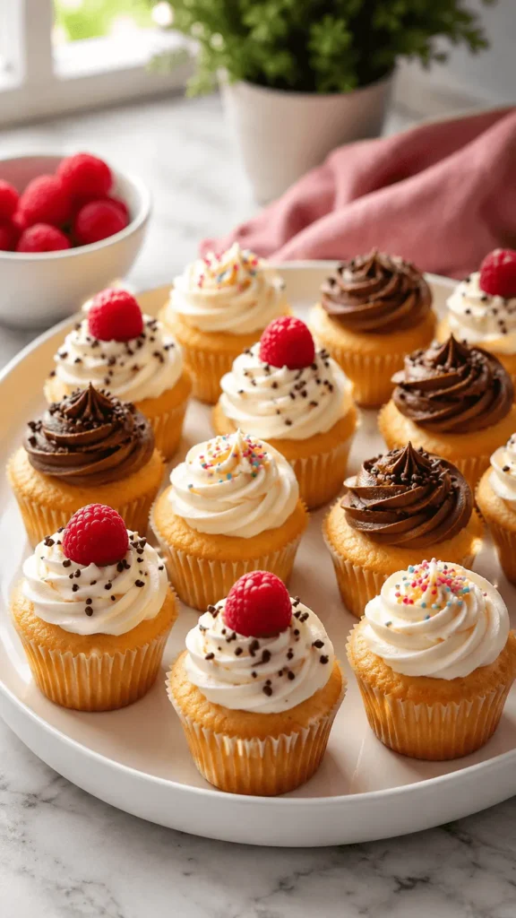 Assorted mini cupcakes with vanilla and chocolate frosting, raspberries, chocolate sprinkles, and colorful decorations arranged on a white serving platter.