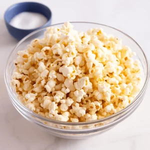 Glass bowl filled with popped corn on the cob beside a small dish of salt.
