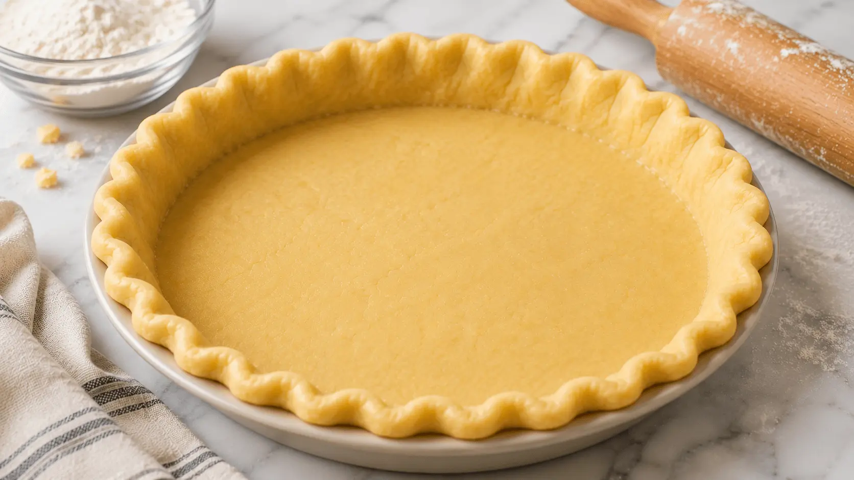 Unbaked pie crust with fluted edges in a round pie dish beside flour and a rolling pin