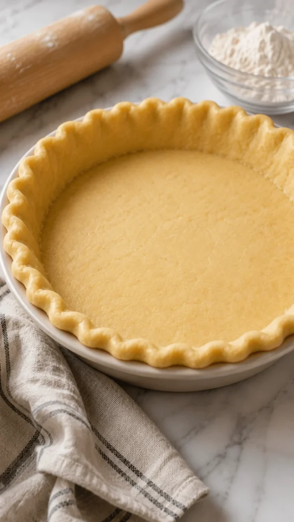 Unbaked pie crust with fluted edges in a round dish beside a rolling pin and bowl of flour