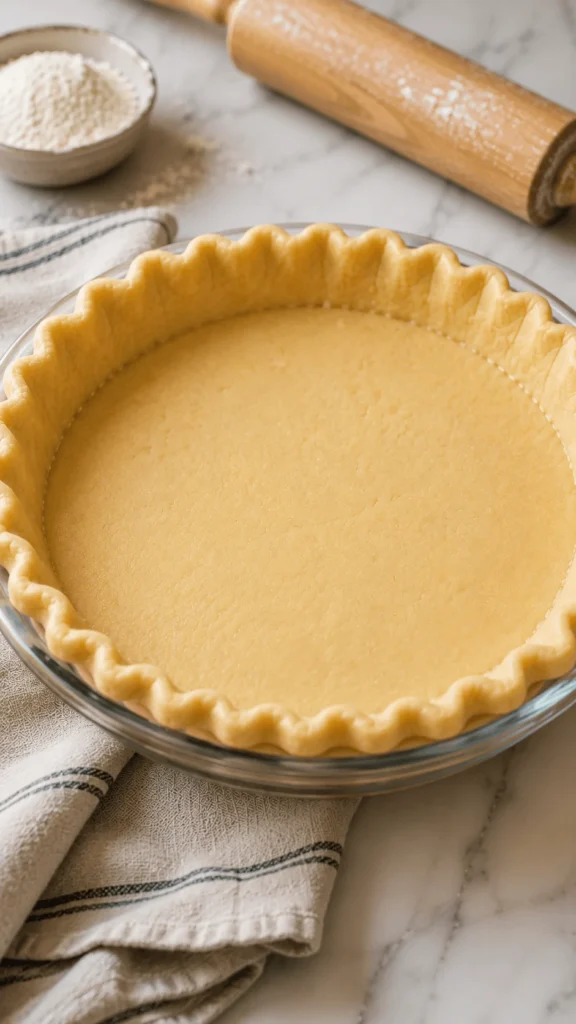 Unbaked pie crust with fluted edges in a clear round dish beside flour and a wooden rolling pin