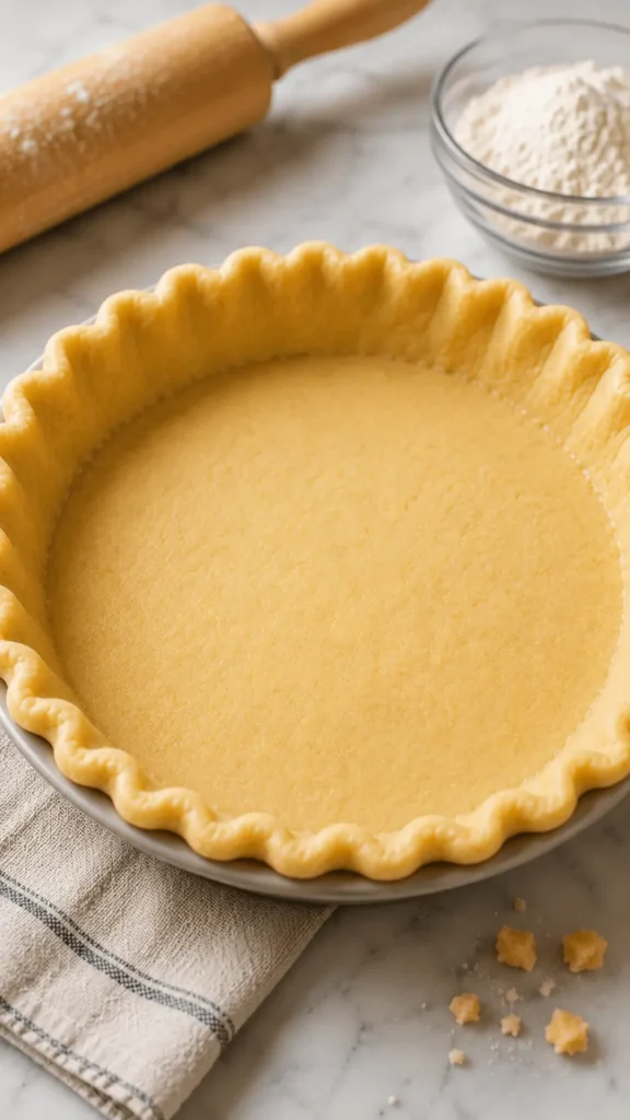 Unbaked pie crust with fluted edges in a round dish beside flour and a wooden rolling pin