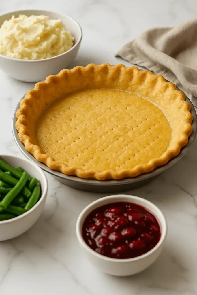 Golden baked 3 ingredient pie crust in a metal pie pan surrounded by mashed potatoes, green beans, and cranberry sauce.