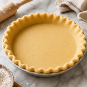 Unbaked pie crust with fluted edges in a round dish beside flour and a wooden rolling pin
