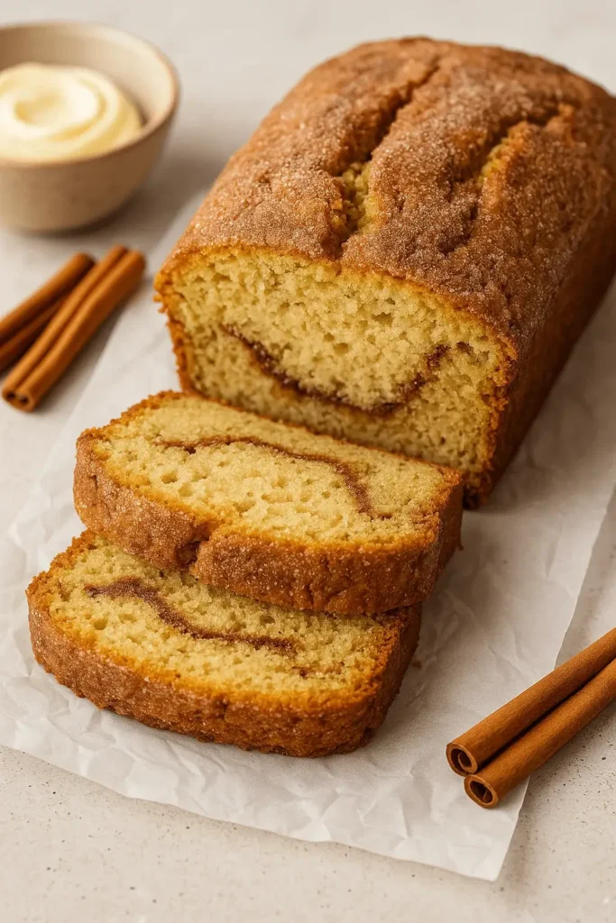 Two slices and a loaf of Amish Cinnamon Bread Recipe on parchment with cinnamon sticks and a bowl of butter in the background.