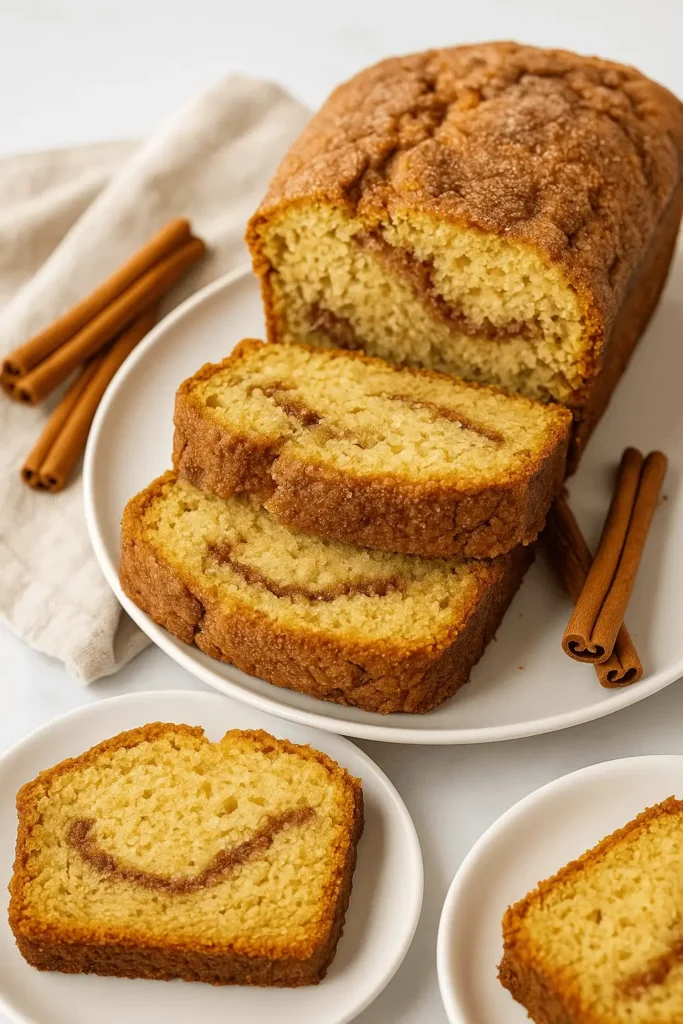 Sliced Amish Cinnamon Bread Recipe served on a white plate with extra pieces on small side plates and cinnamon sticks beside.