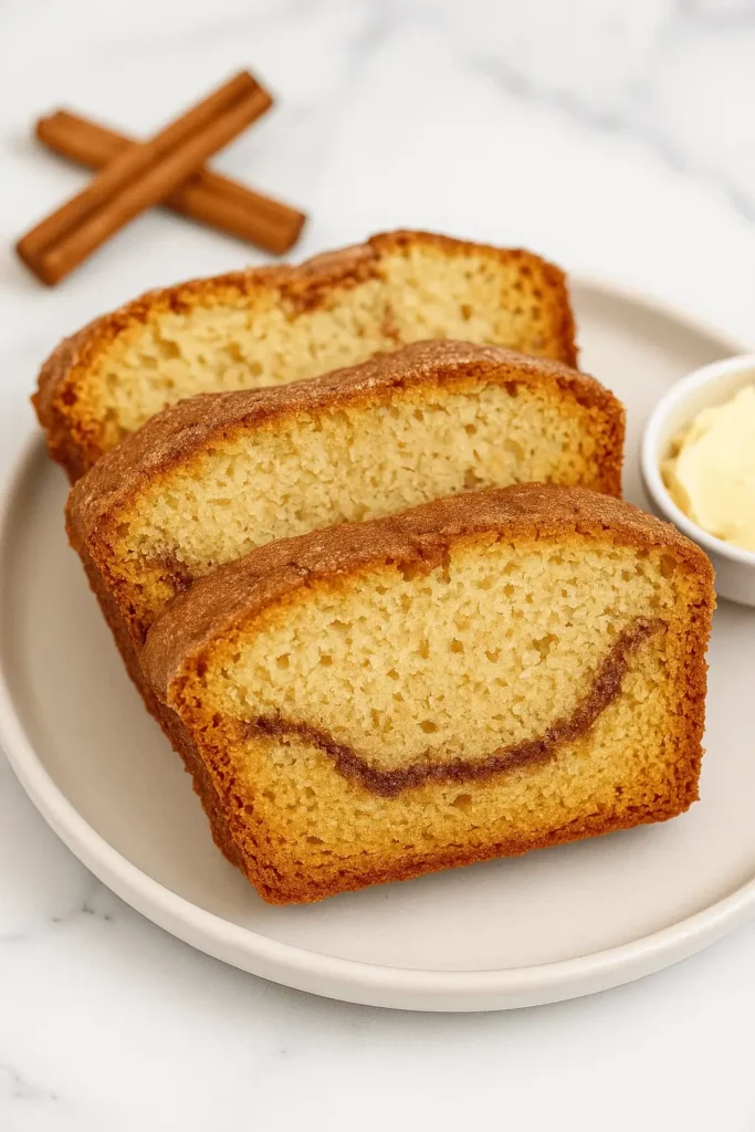 Three thick slices of Amish Cinnamon Bread Recipe with a cinnamon swirl, served on a white plate.