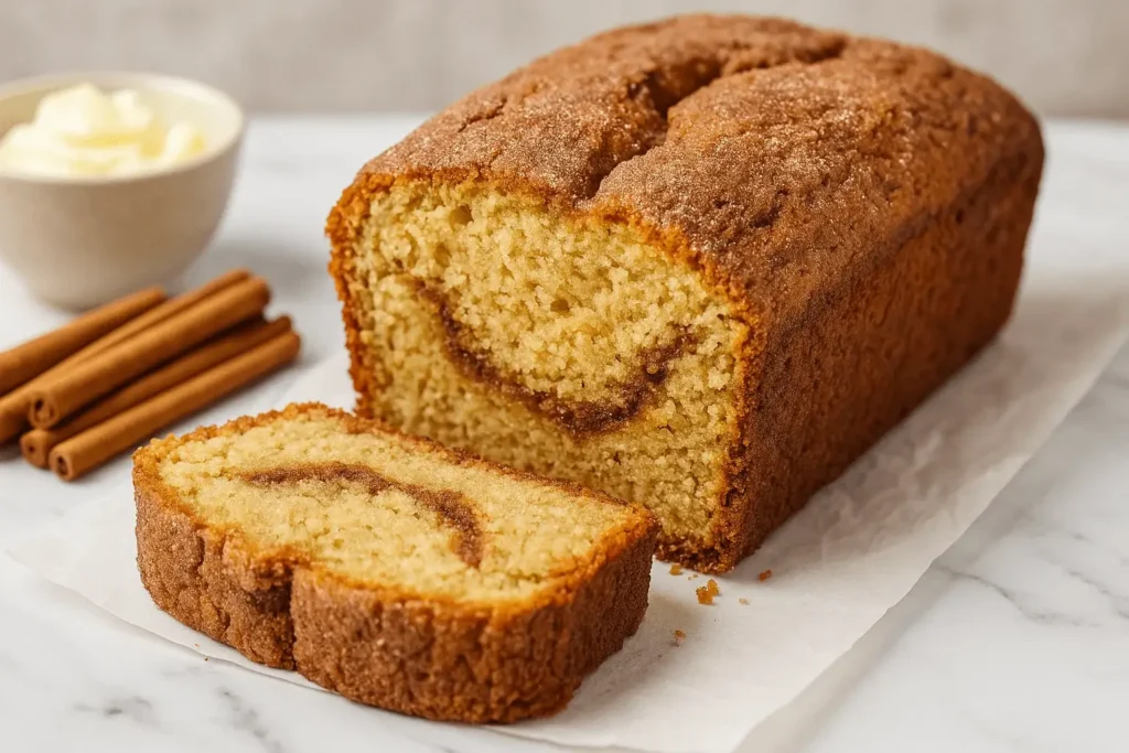 Close-up of sliced Amish Cinnamon Bread Recipe showing a cinnamon swirl and crackly sugar top on parchment paper.