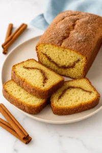 Sliced loaf of Amish Cinnamon Bread Recipe displayed on a white plate with visible cinnamon swirl.