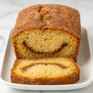 A sliced loaf of Amish Cinnamon Bread Recipe on a white serving plate, showing the cinnamon swirl inside.