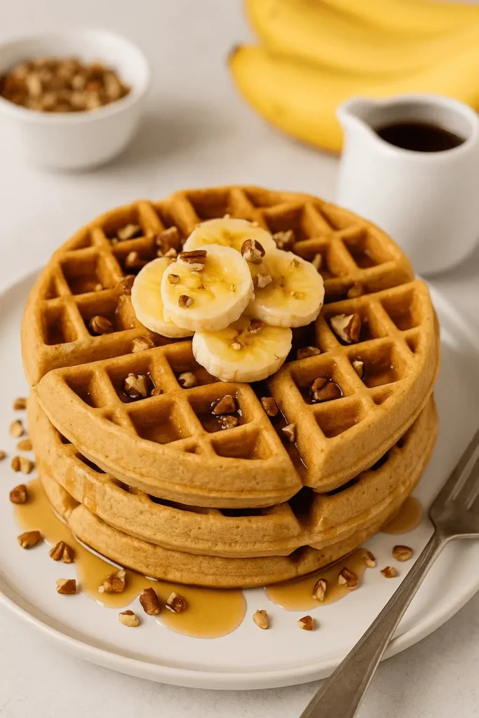 Banana waffles stacked on a plate with banana slices, chopped pecans, and syrup.