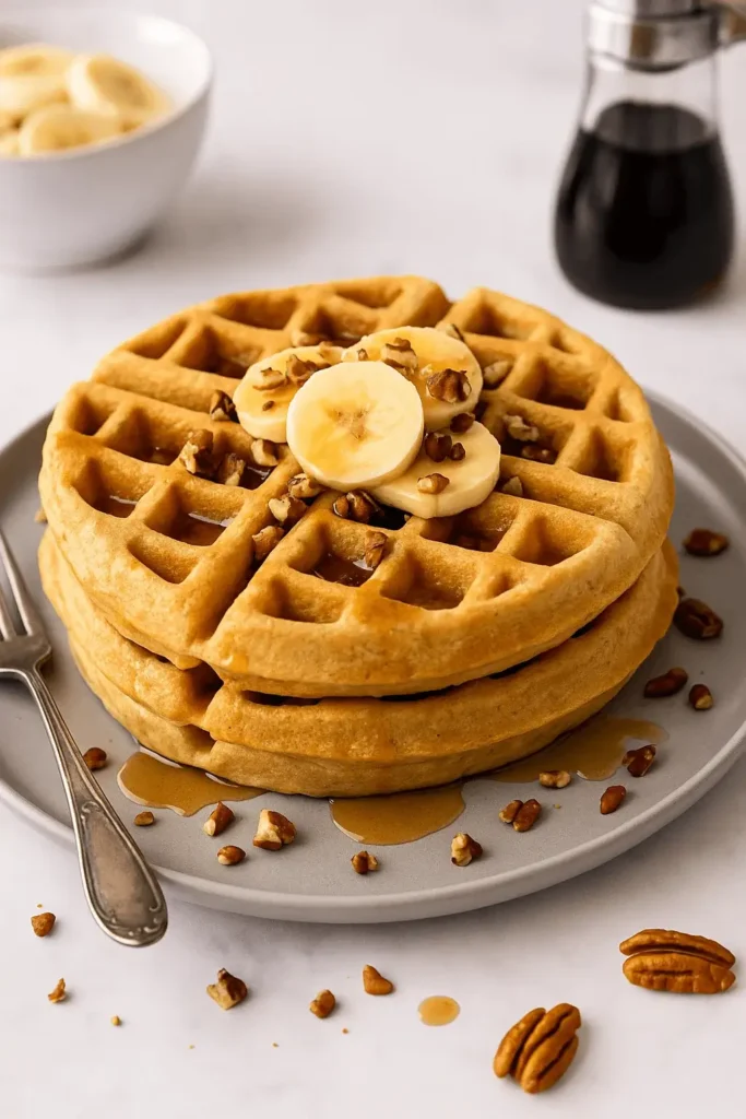 Stack of banana waffles topped with banana slices, chopped pecans, and syrup on a gray plate.