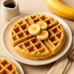 Single serving of banana waffles topped with banana slices on a white plate, ready to enjoy.