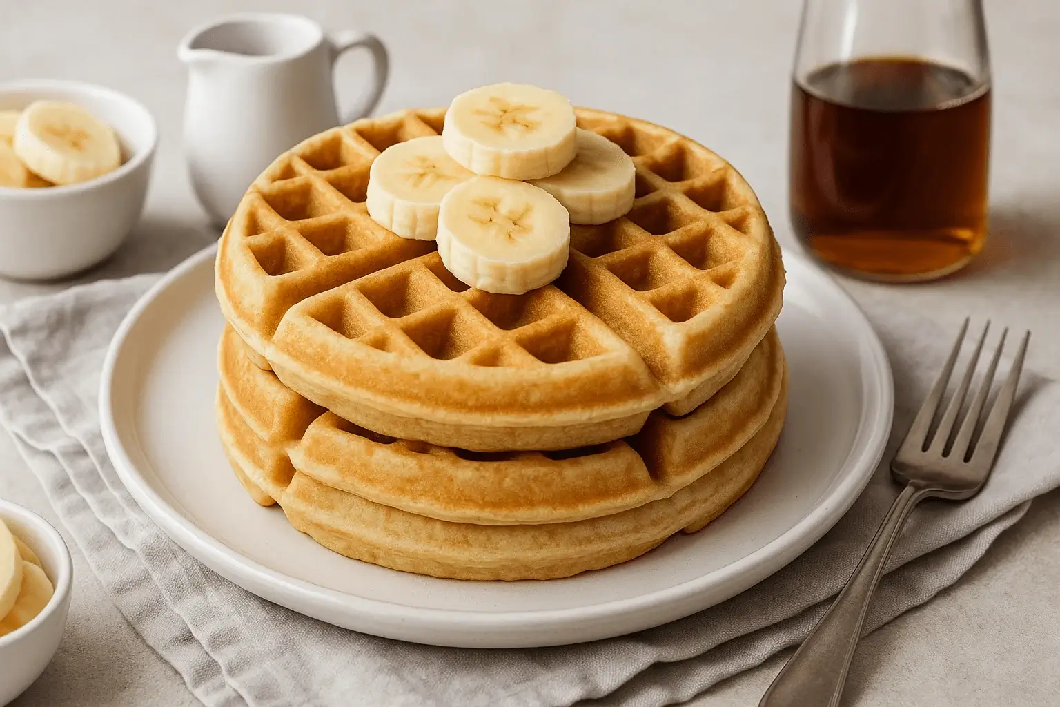 Stack of banana waffles topped with fresh banana slices, served on a white plate with syrup in the background.