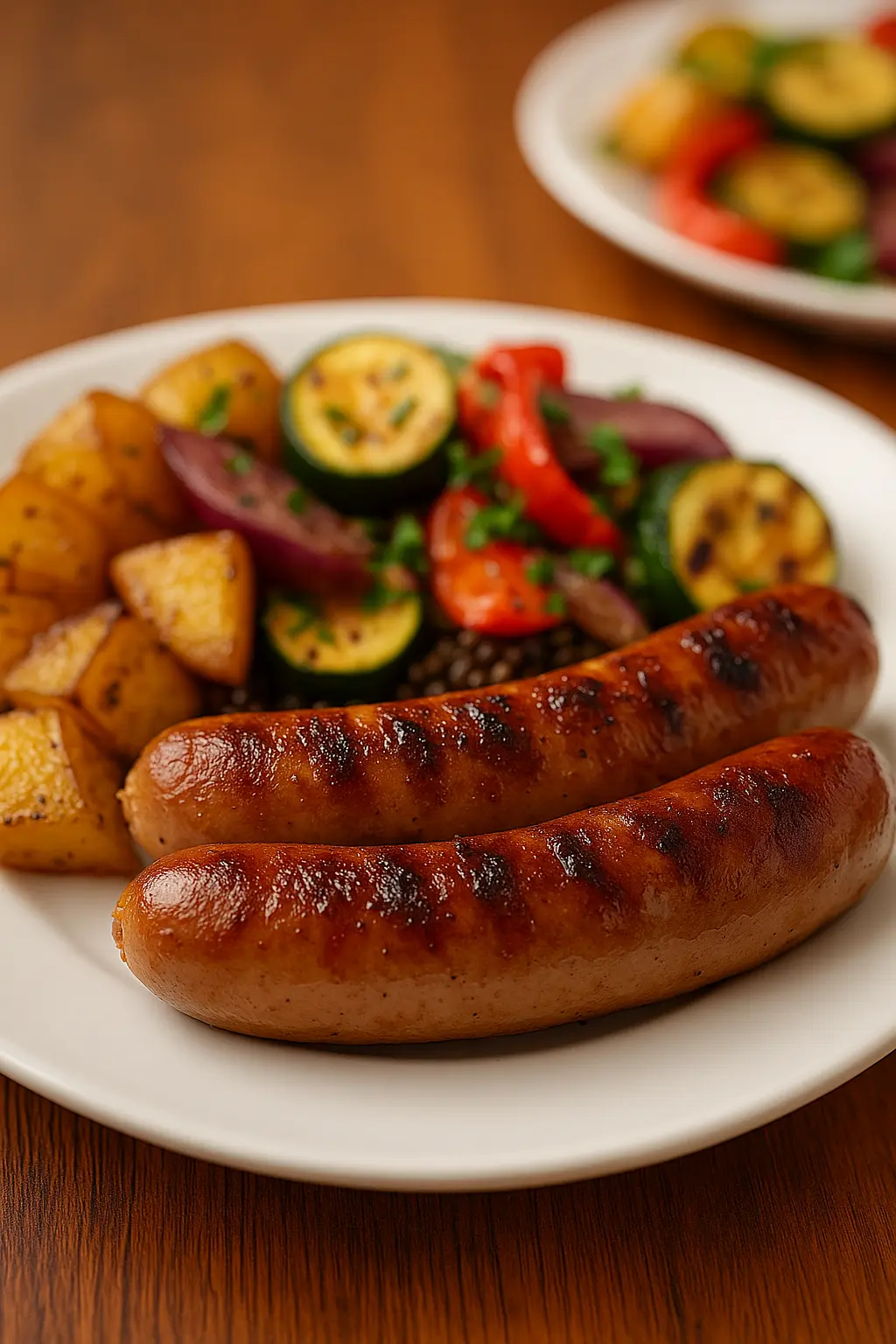 Grilled beef sausages served with roasted potatoes and colorful sautéed vegetables – a vibrant Beef Sausage Recipe.