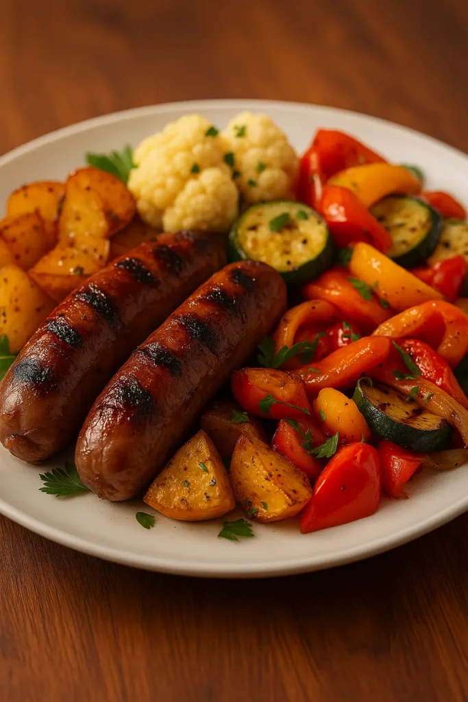 Beef sausage recipe served with golden potatoes, sautéed bell peppers, zucchini, and cauliflower on a white plate.