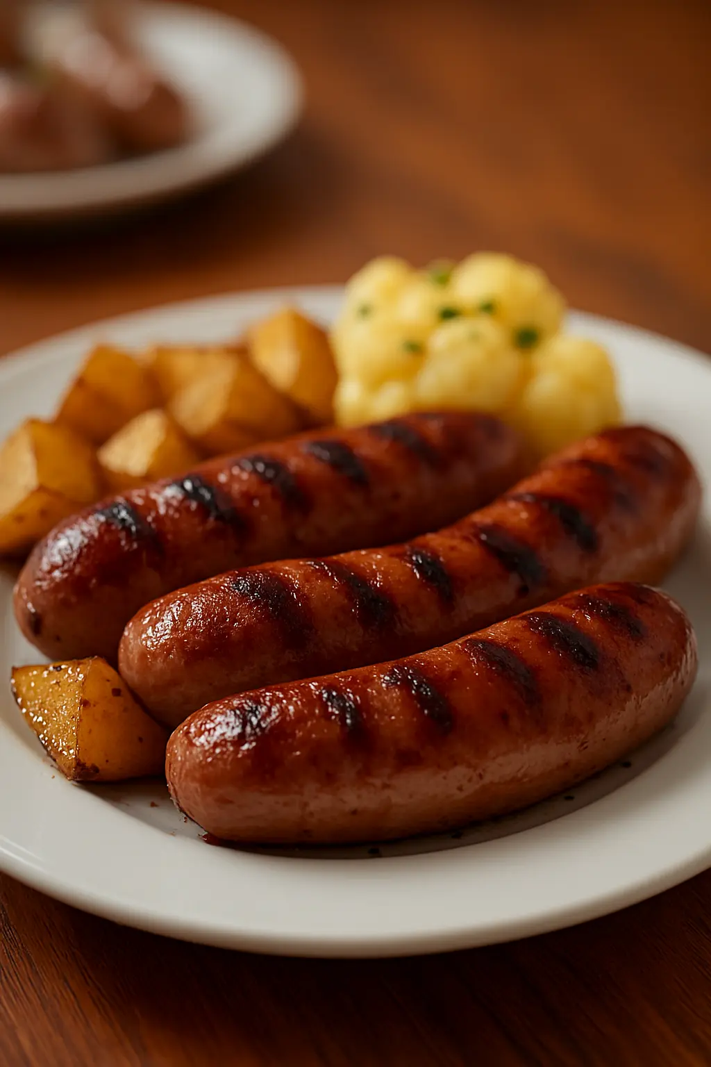 Three grilled sausages served with golden potatoes and cauliflower on a plate, from a Beef Sausage Recipe.