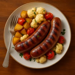 Grilled beef sausages served with roasted potatoes, cherry tomatoes, and cauliflower – Beef Sausage Recipe.