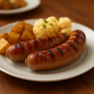 Grilled sausages served with roasted potatoes and cauliflower from a Beef Sausage Recipe.