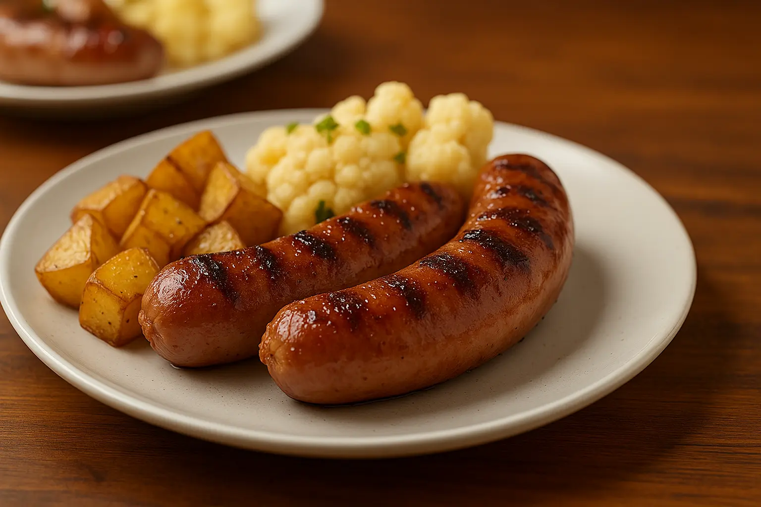Grilled beef sausages served with golden potatoes and cauliflower on a white plate – a hearty and flavorful Beef Sausage Recipe.