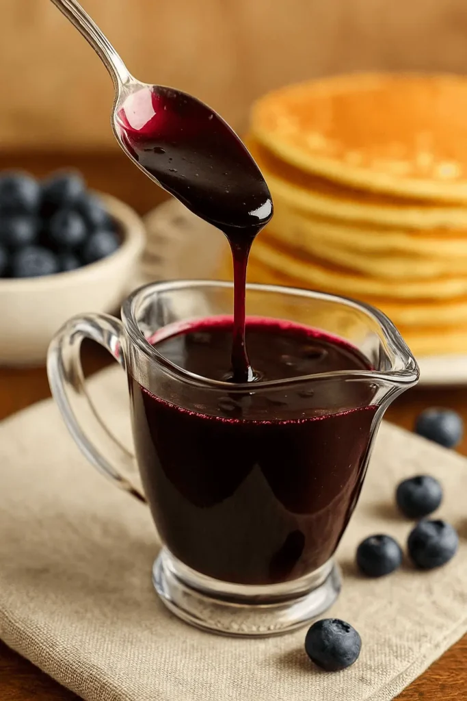 A spoon drizzling thick blueberry syrup into a glass pitcher, with pancakes and blueberries in the background — perfect for a homemade blueberry syrup recipe.