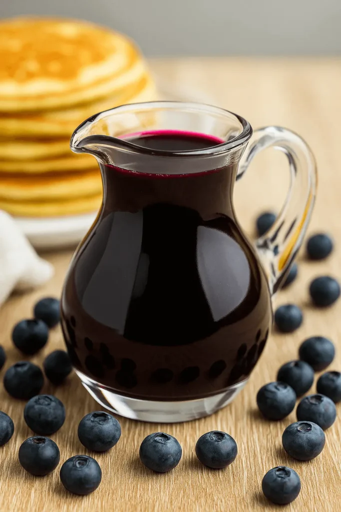 A clear glass pitcher filled with homemade blueberry syrup, surrounded by fresh blueberries and a stack of pancakes — perfect for a blueberry syrup recipe.