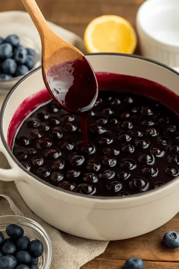 A wooden spoon lifts thick blueberry syrup from a pot of bubbling berries — a step in making a homemade blueberry syrup recipe.