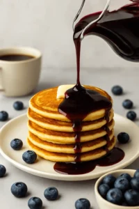 Pouring blueberry syrup over a tall stack of pancakes topped with butter — a rich finishing touch from a blueberry syrup recipe.