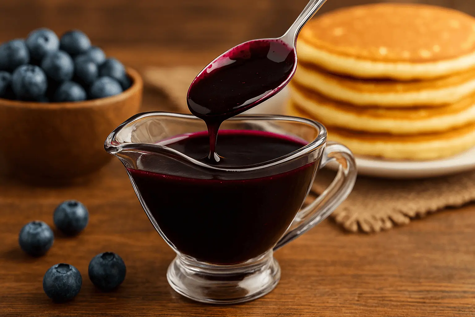 Glass gravy boat filled with thick blueberry syrup, surrounded by fresh blueberries and pancakes — perfect for a homemade blueberry syrup recipe.