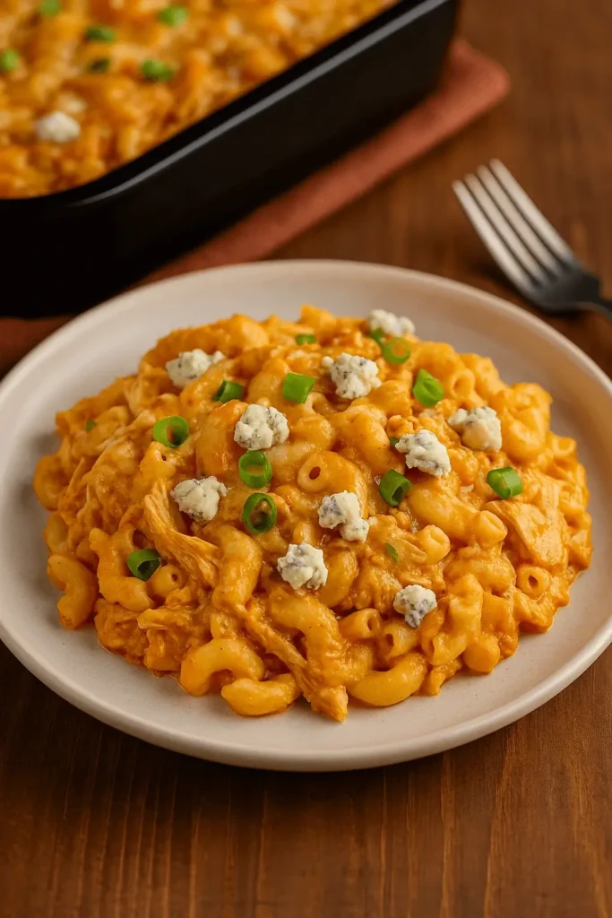 A plate of Buffalo chicken mac and cheese topped with blue cheese crumbles and sliced green onions.