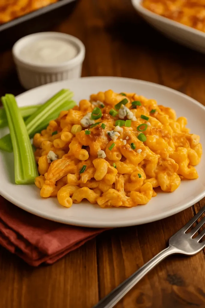 Buffalo chicken mac and cheese served on a white plate with celery sticks and blue cheese crumbles.
