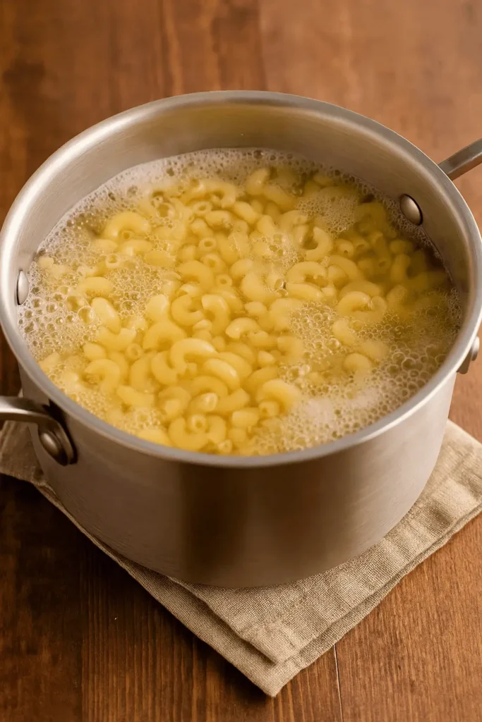 Elbow macaroni boiling in a stainless steel pot as the first step in making Buffalo chicken mac and cheese.