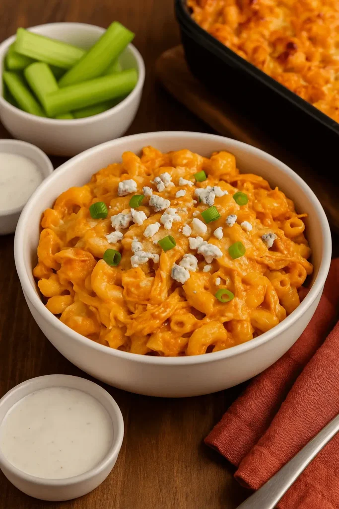 Bowl of Buffalo chicken mac and cheese topped with blue cheese and green onions, served with celery sticks and ranch dressing.