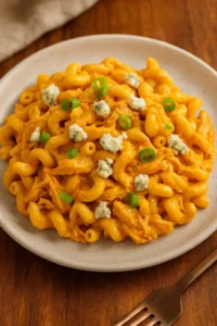 Buffalo chicken mac and cheese served on a ceramic plate and topped with green onions and crumbled blue cheese.