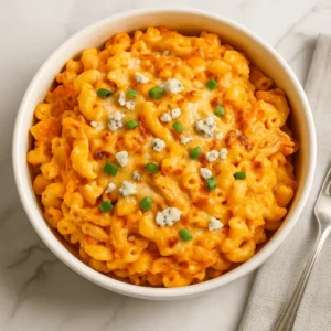 Bowl of golden-baked Buffalo chicken mac and cheese topped with green onions and crumbled blue cheese.