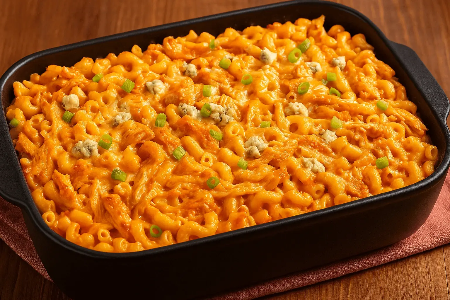 Baked Buffalo chicken mac and cheese in a black casserole dish topped with blue cheese crumbles and green onions.