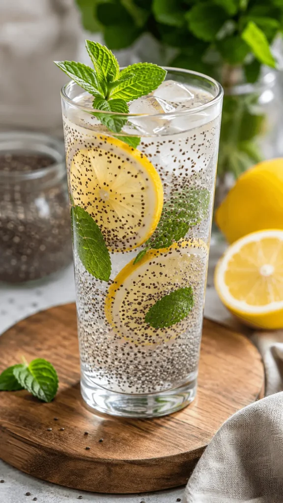 Tall glass of chia water with lemon slices, mint leaves, ice, and soaked chia seeds.