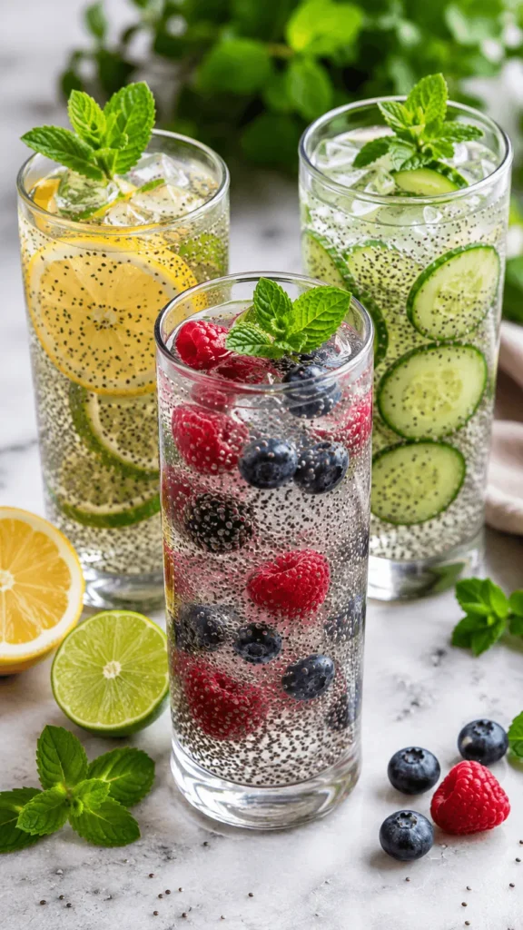 Three glasses of chia water with lemon and lime, mixed berries, cucumber slices, mint, ice, and suspended chia seeds.