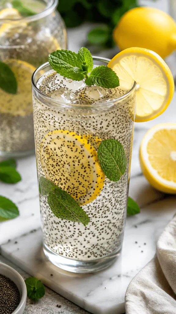 Tall glass of chia water with lemon slices, fresh mint, ice, and evenly suspended chia seeds.