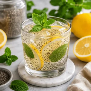 Square image of chia water with lemon slices, fresh mint, ice, and evenly suspended chia seeds in a clear glass.