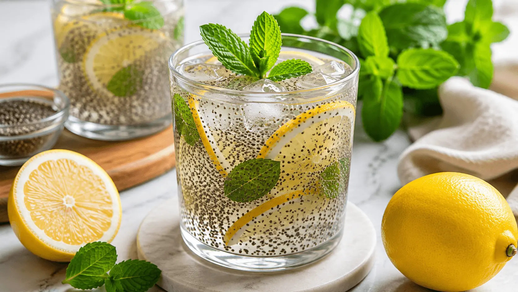 Chia water with lemon slices, mint leaves, ice, and suspended chia seeds in a clear glass.