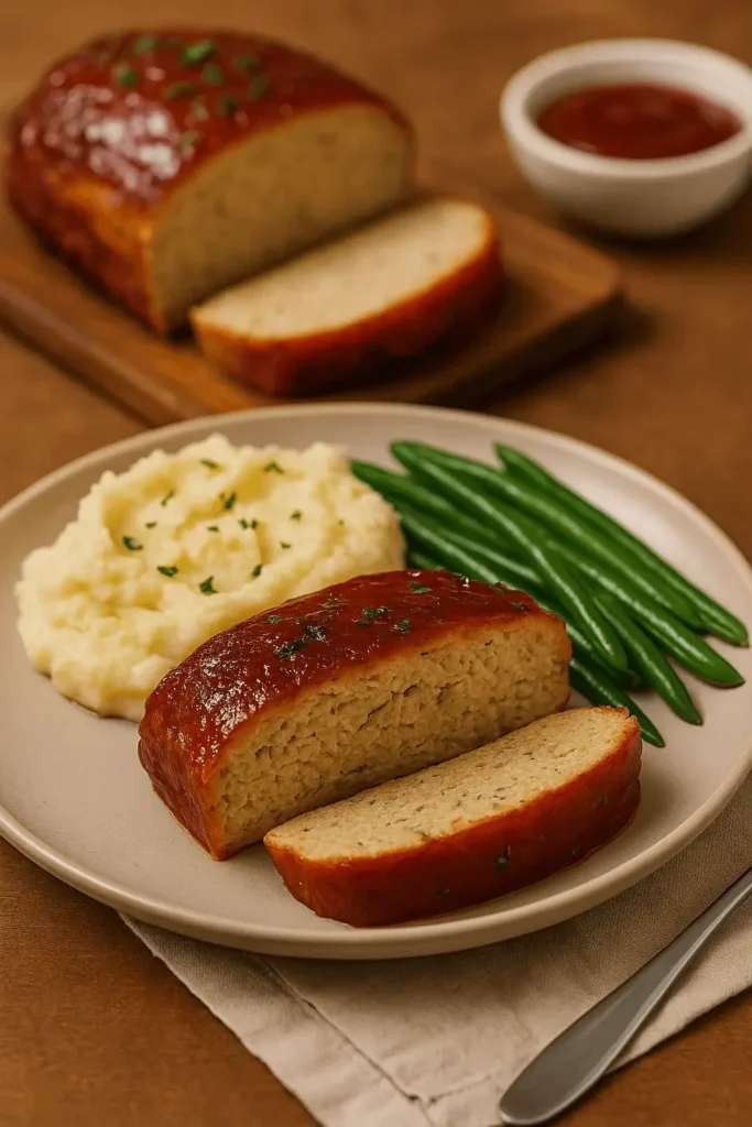 Plate of Chicken Meatloaf Recipe with mashed potatoes and green beans, served with extra sauce on the side.