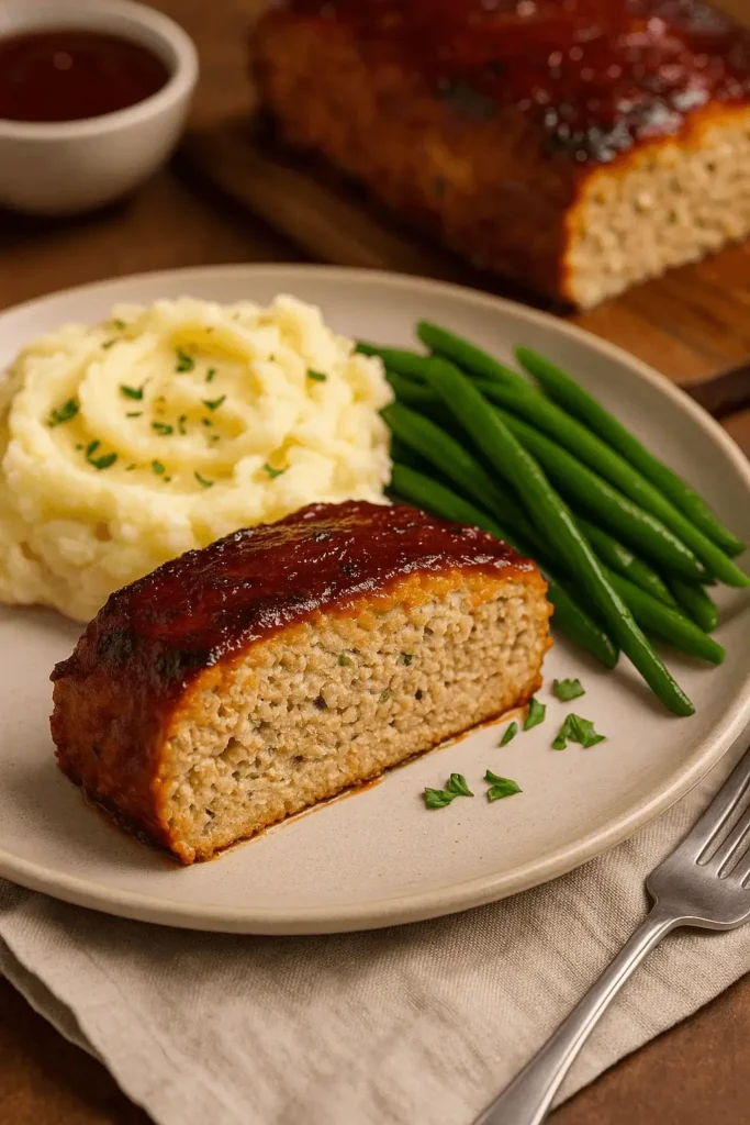 A plated serving of Chicken Meatloaf Recipe with green beans and mashed potatoes on a beige plate.