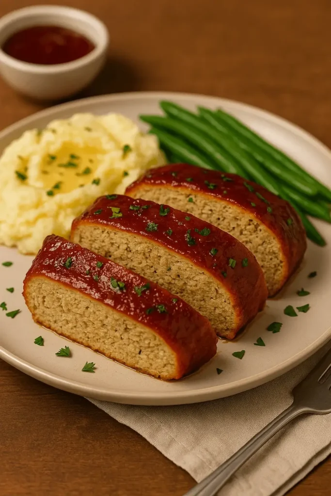 Sliced chicken meatloaf served with mashed potatoes and green beans – a cozy Chicken Meatloaf Recipe plated for dinner.