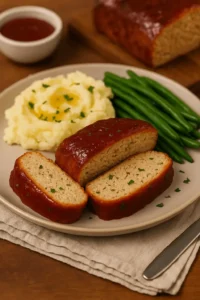Sliced chicken meatloaf served with mashed potatoes and green beans – a comforting Chicken Meatloaf Recipe on a dinner plate.