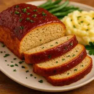 Sliced chicken meatloaf topped with glaze, served on a plate with mashed potatoes and green beans – a hearty Chicken Meatloaf Recipe.