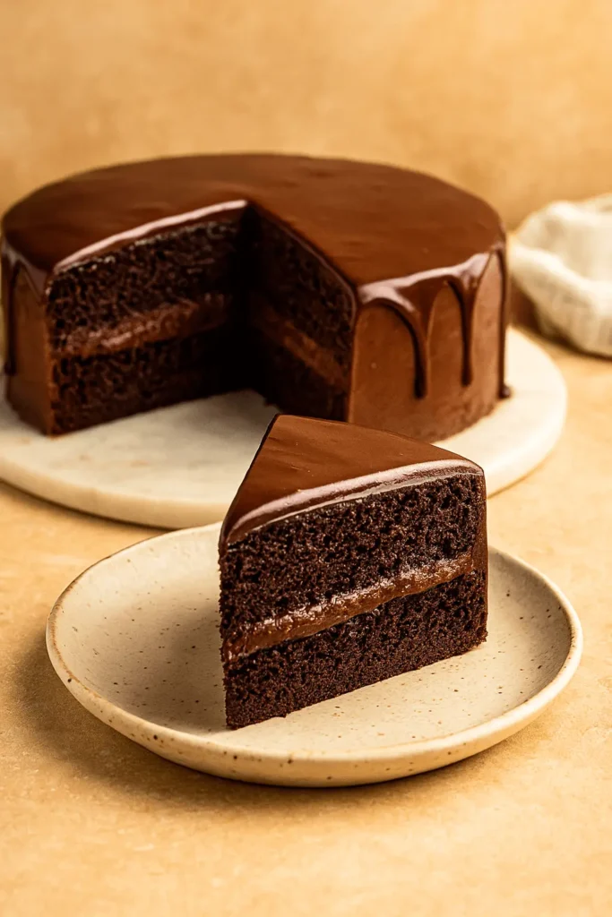 A slice of Chocolate Ganache Cake on a ceramic plate in front of the whole cake, with glossy ganache and soft chocolate layers.